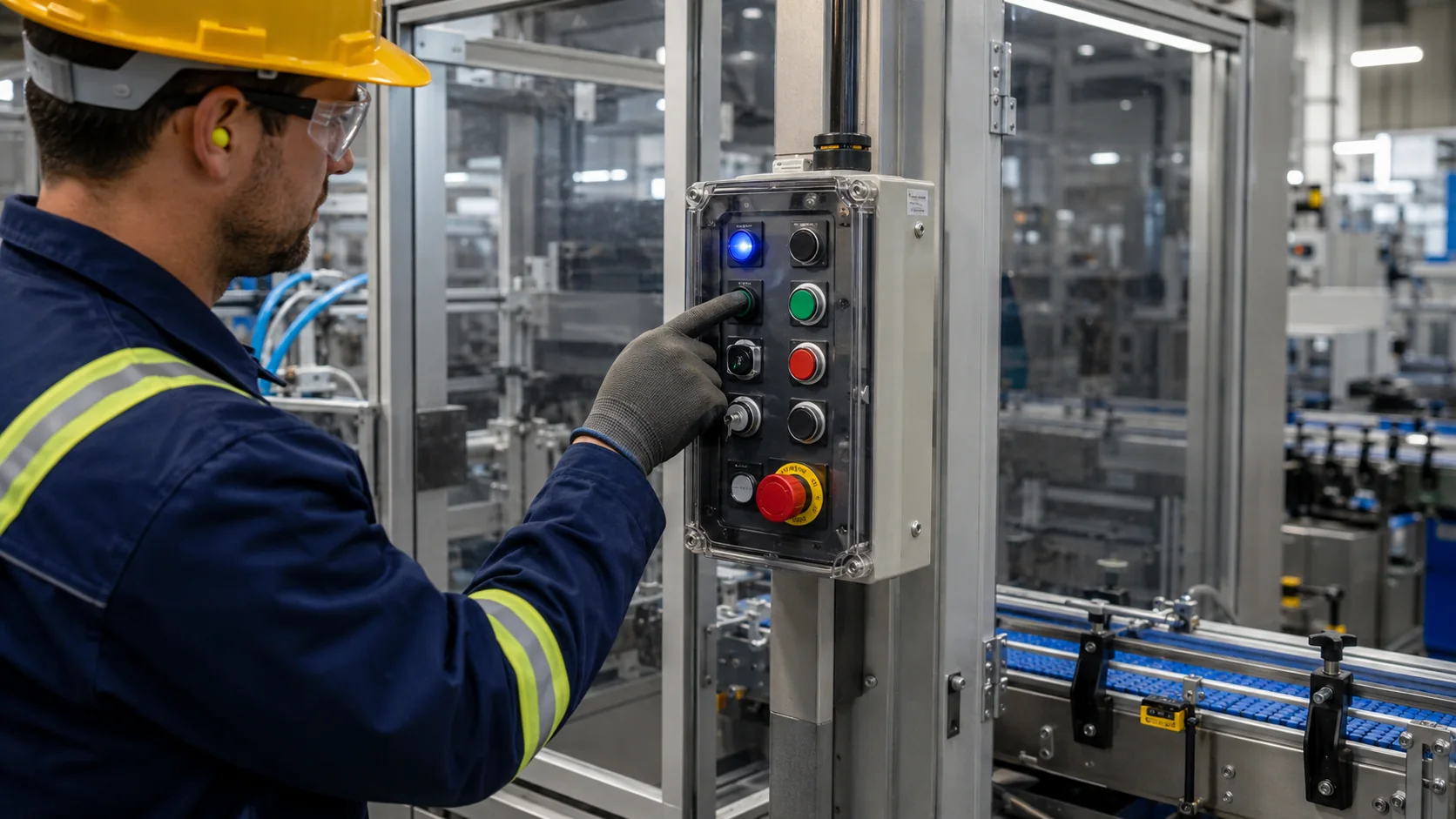 Industrial automation pushbutton control station on a production line