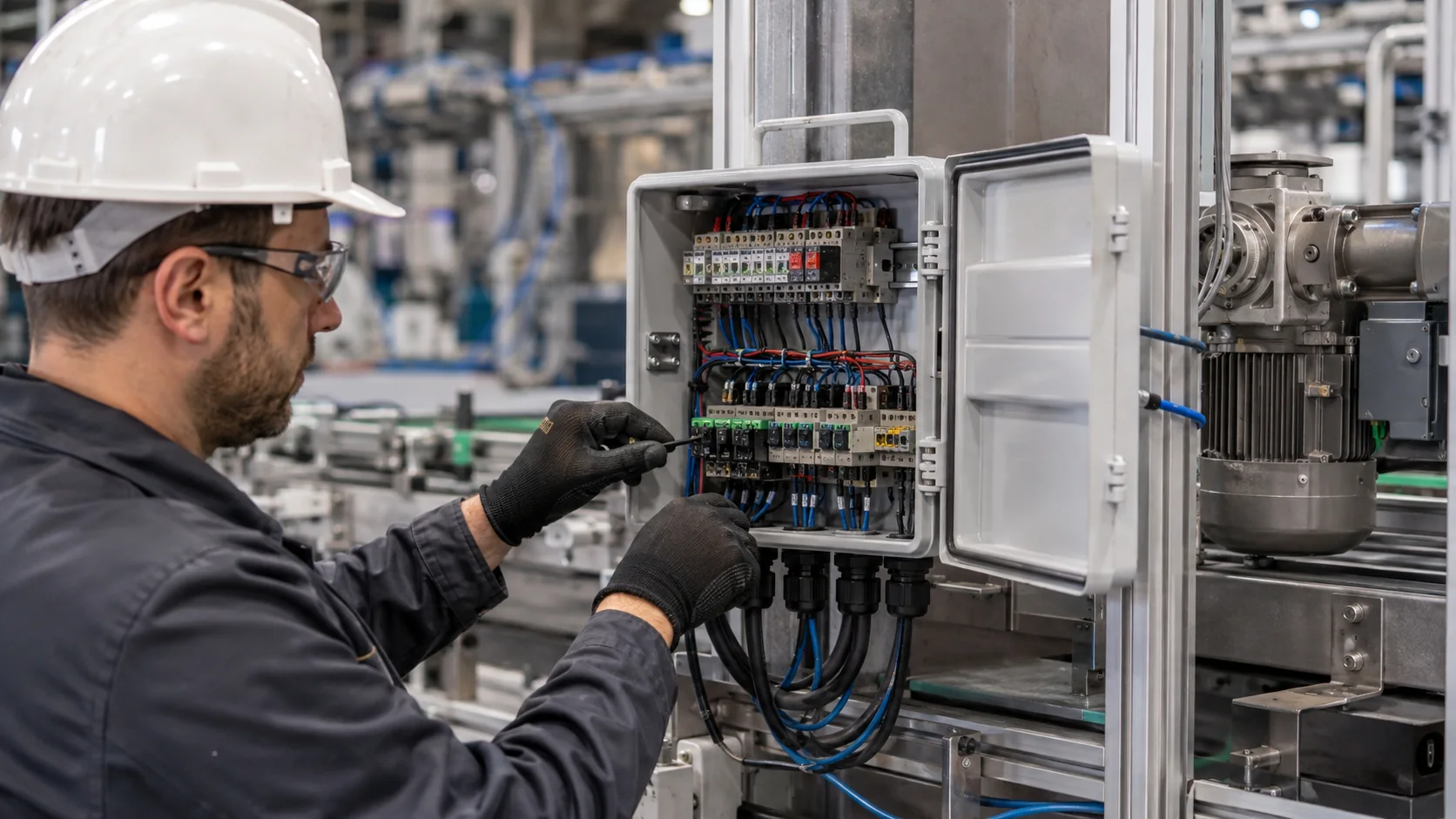 Technician inspecting a machine-side hinged electrical enclosure
