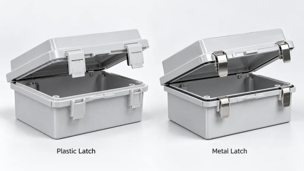 Plastic latch vs metal latch waterproof electrical enclosure comparison